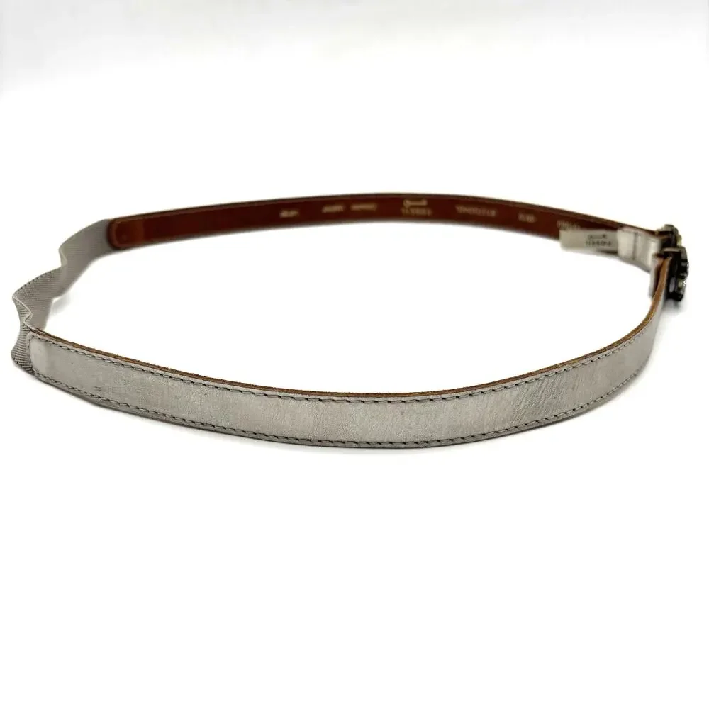 Y2K Fossil Silver Leather Brass Rhinestone Buckle Stretch Waist Belt L 36-38